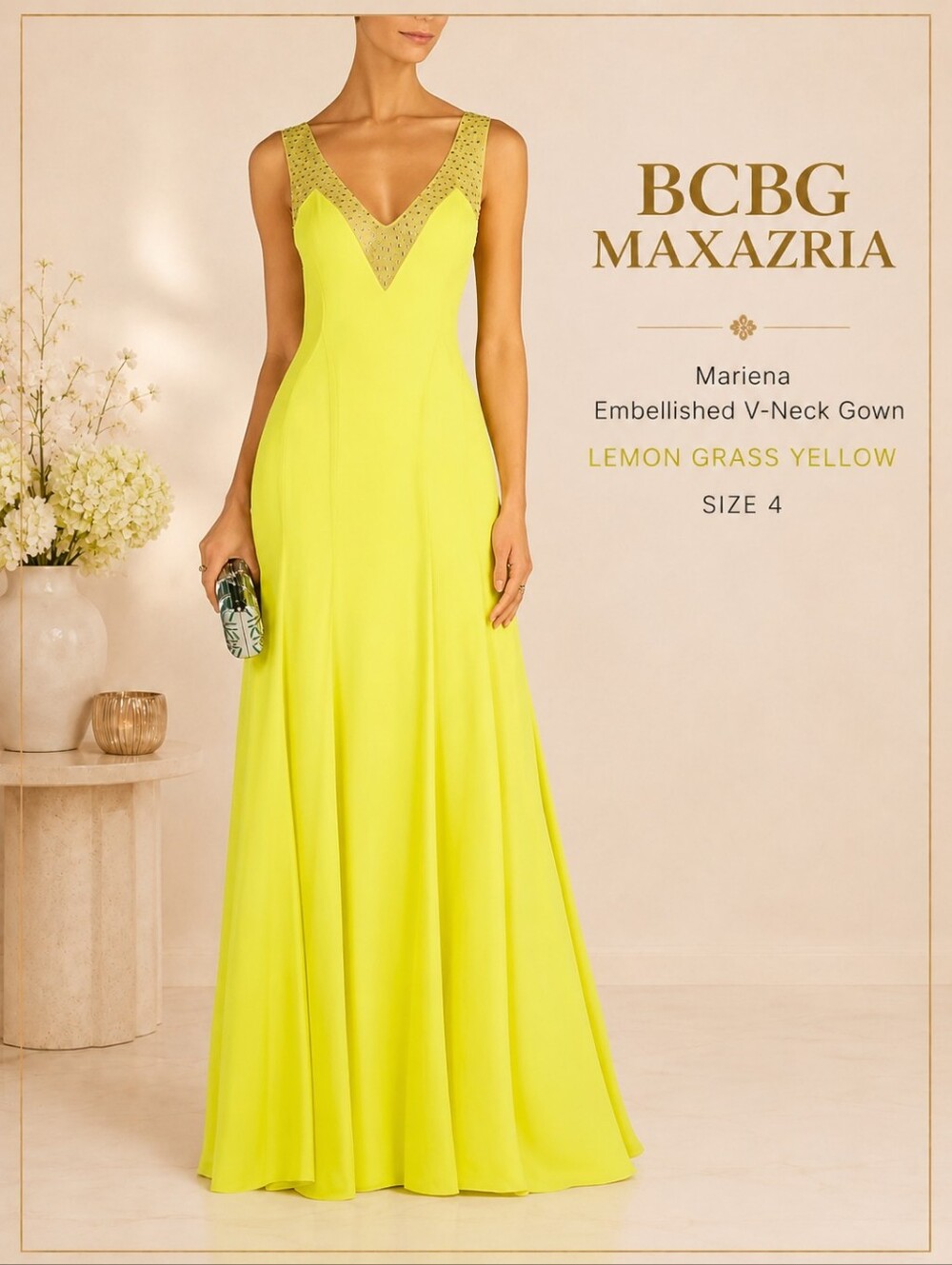 💛 Taylor Swift Inspired BCBGMAXAZRIA Mariena Embellished V-Neck Yellow Gown 4